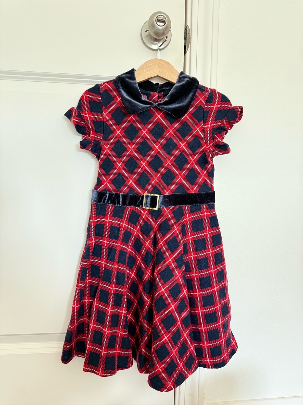Girls Red and Navy Plaid with Velvet Neck and Waist Dress. Size 5-6